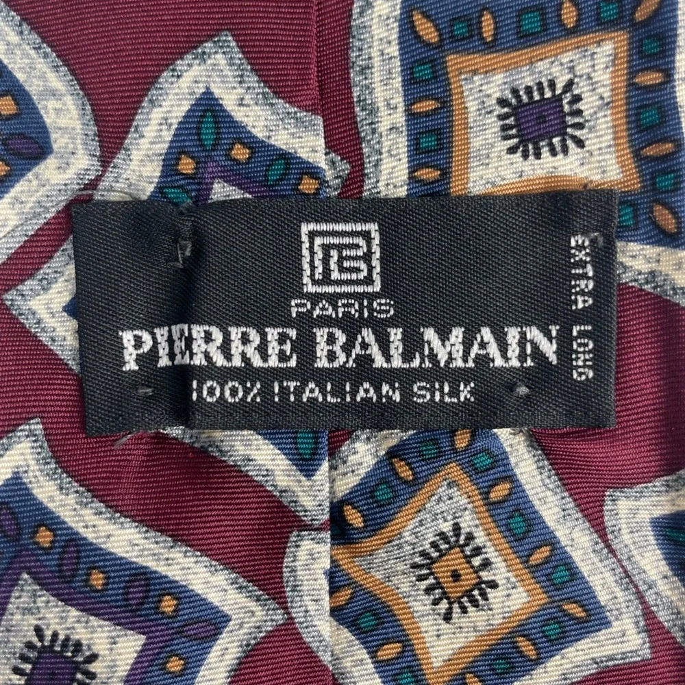 Pierre Balmain Tie Silk Men‎ Extra Long Tie Burgundy Geometric Abstract Italy